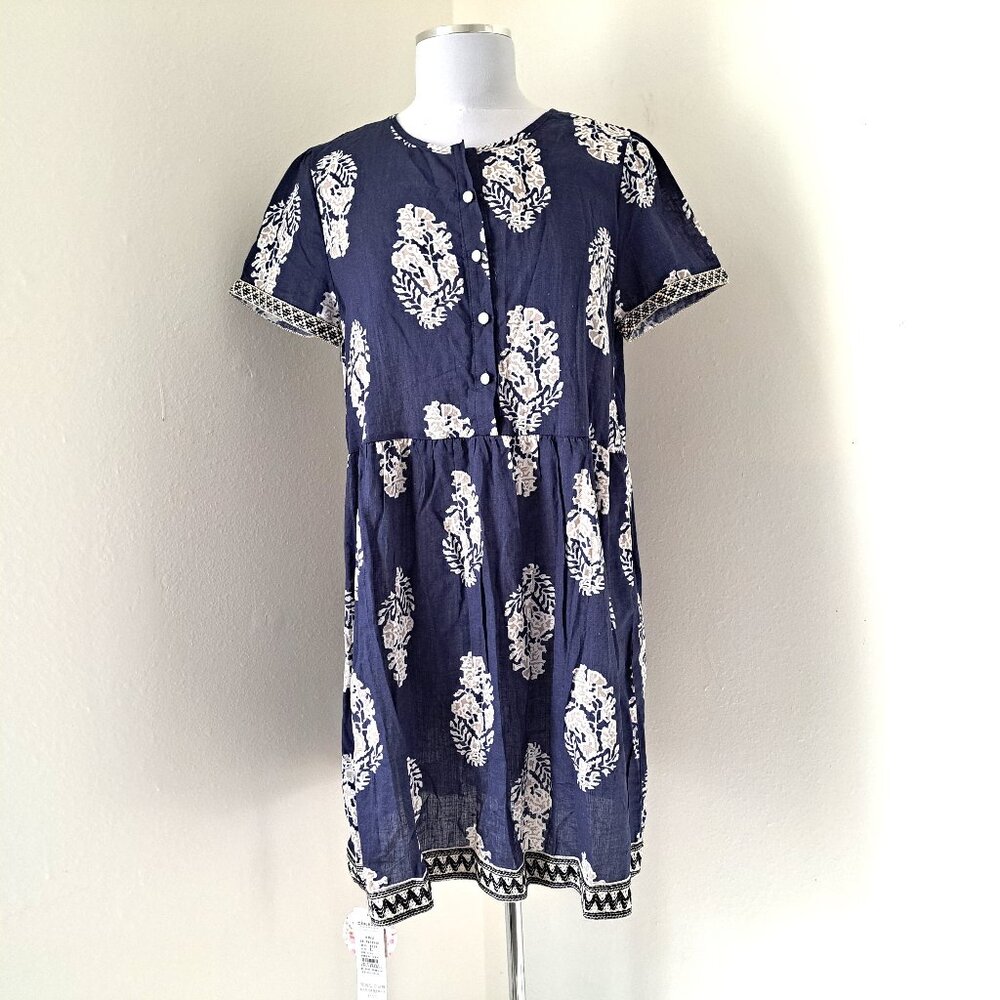 xinyunbao Women Lining Lace Dress Print Blue/White Color Short Sleeve Size L NWT